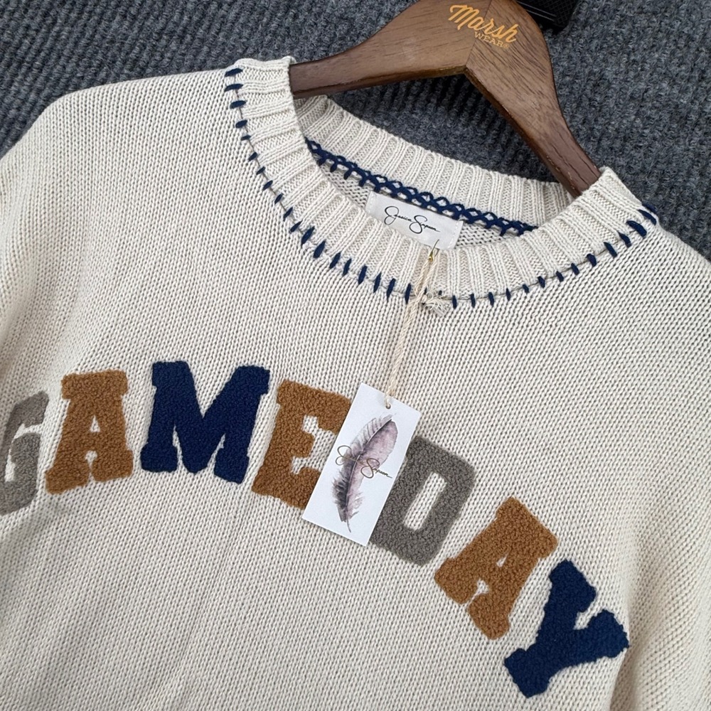 Jessica Simpson Sweater Womens S Cream New Gameday Cropped Knit Patch Pullover